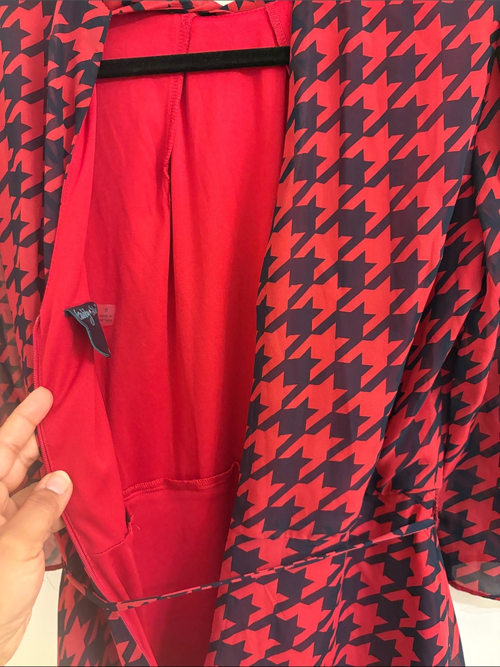 Gabby Skye Red and Black Houndstooth Tie-Neck Midi Dress - Picture 6 of 6